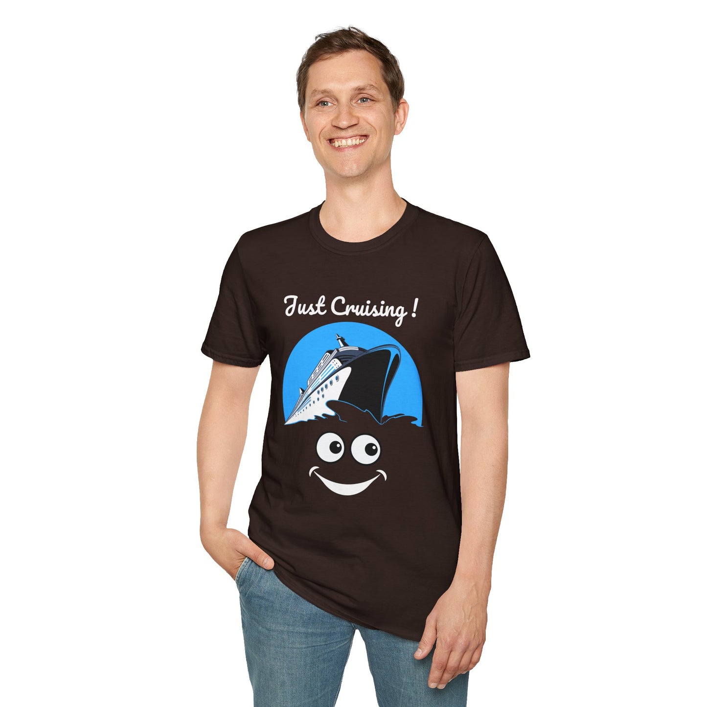 Just Cruising Funny Sarcastic Innocent Cruise Ship Unisex Softstyle T-Shirt, Lightweight Cotton - Soft & Comfy, Ideal Gift for Sailors