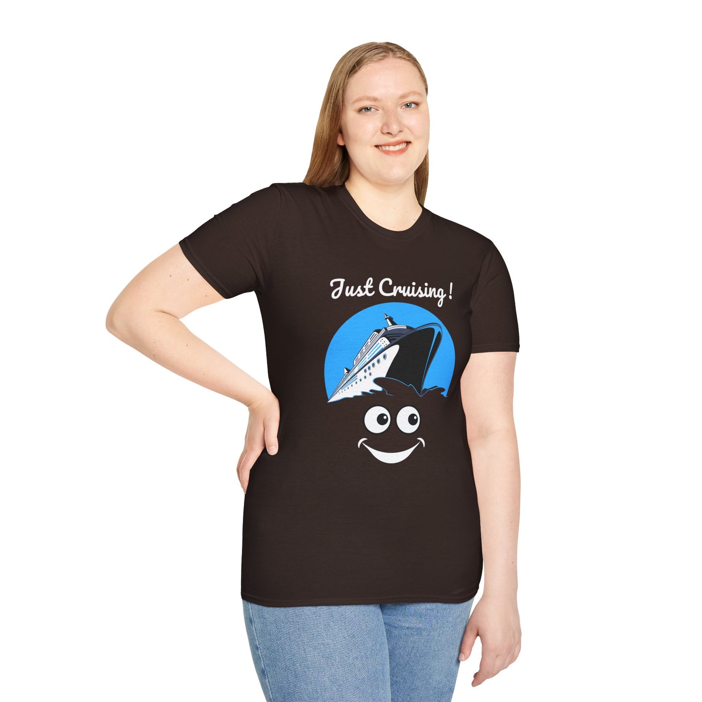 Just Cruising Funny Sarcastic Innocent Cruise Ship Unisex Softstyle T-Shirt, Lightweight Cotton - Soft & Comfy, Ideal Gift for Sailors